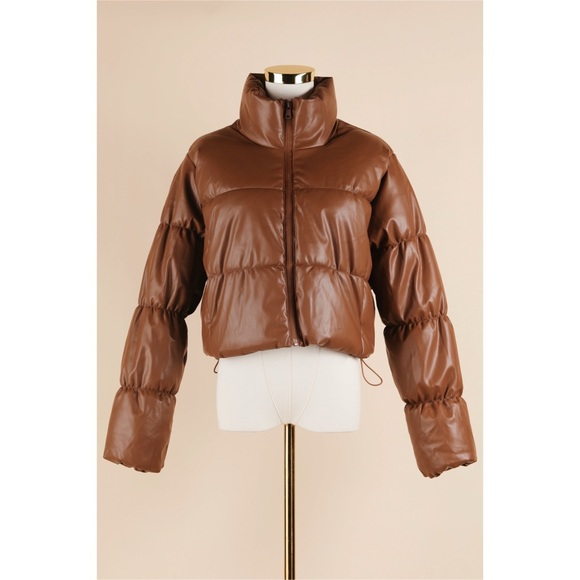 Sz M Ci Sono Camel Cropped Faux Leather Full Zip Puffer Jacket EUC - Picture 1 of 6